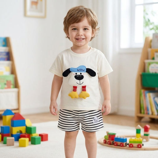Cute Puppy 3D T-Shirt & Striped Shorts for Kids - Beekee