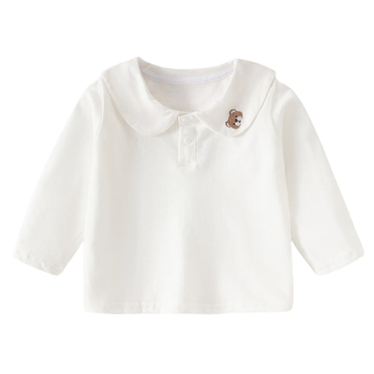 Embroidered Bear Collar Girls Long Sleeve Top - Beekee