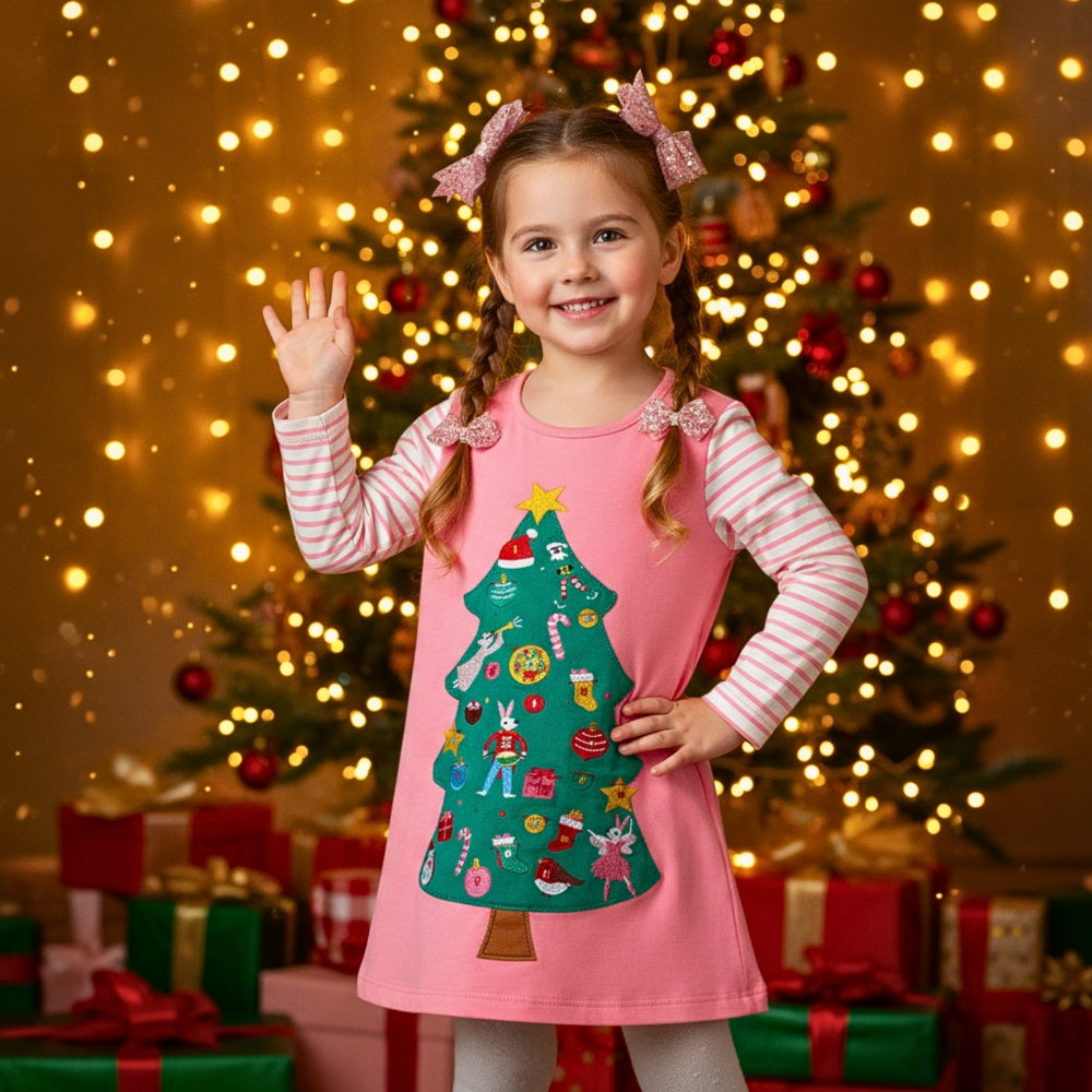 Festive Christmas Tree Girls Long Sleeve Dress - Beekee