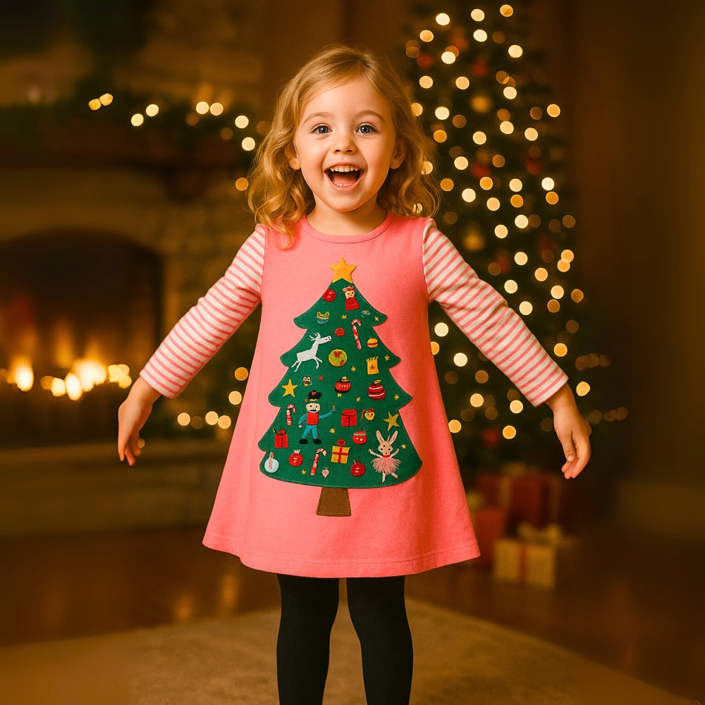Festive Christmas Tree Girls Long Sleeve Dress - Beekee