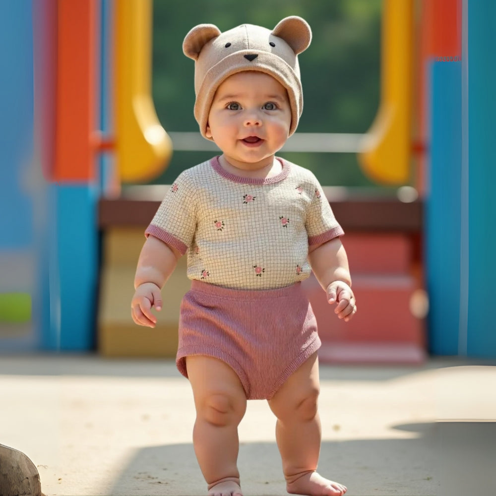 Floral Grid Tee and Ribbed Shorts Play Set - Beekee