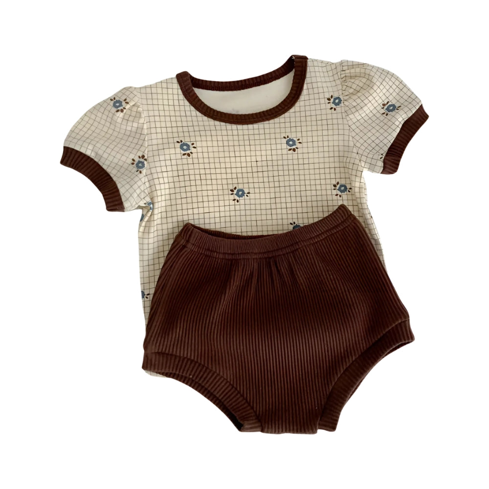 Floral Grid Tee and Ribbed Shorts Play Set - Beekee