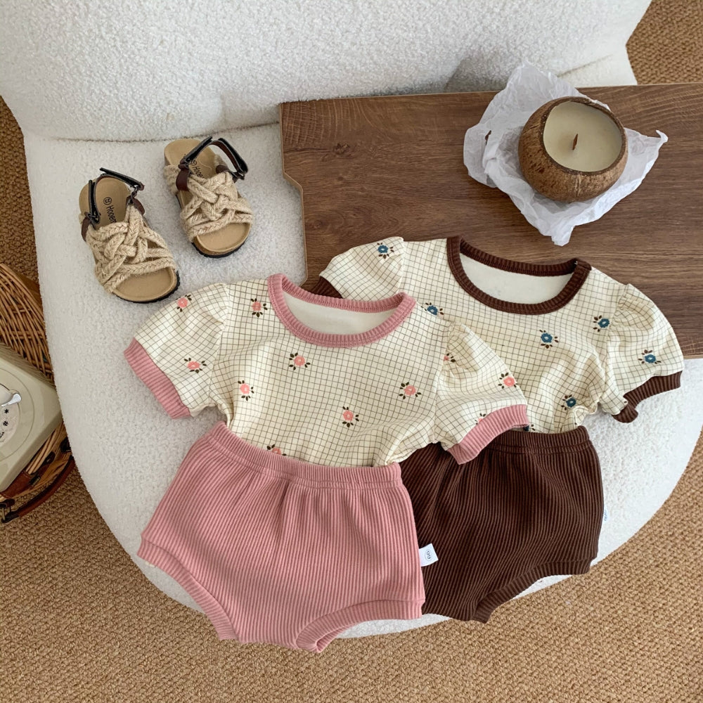 Floral Grid Tee and Ribbed Shorts Play Set - Beekee