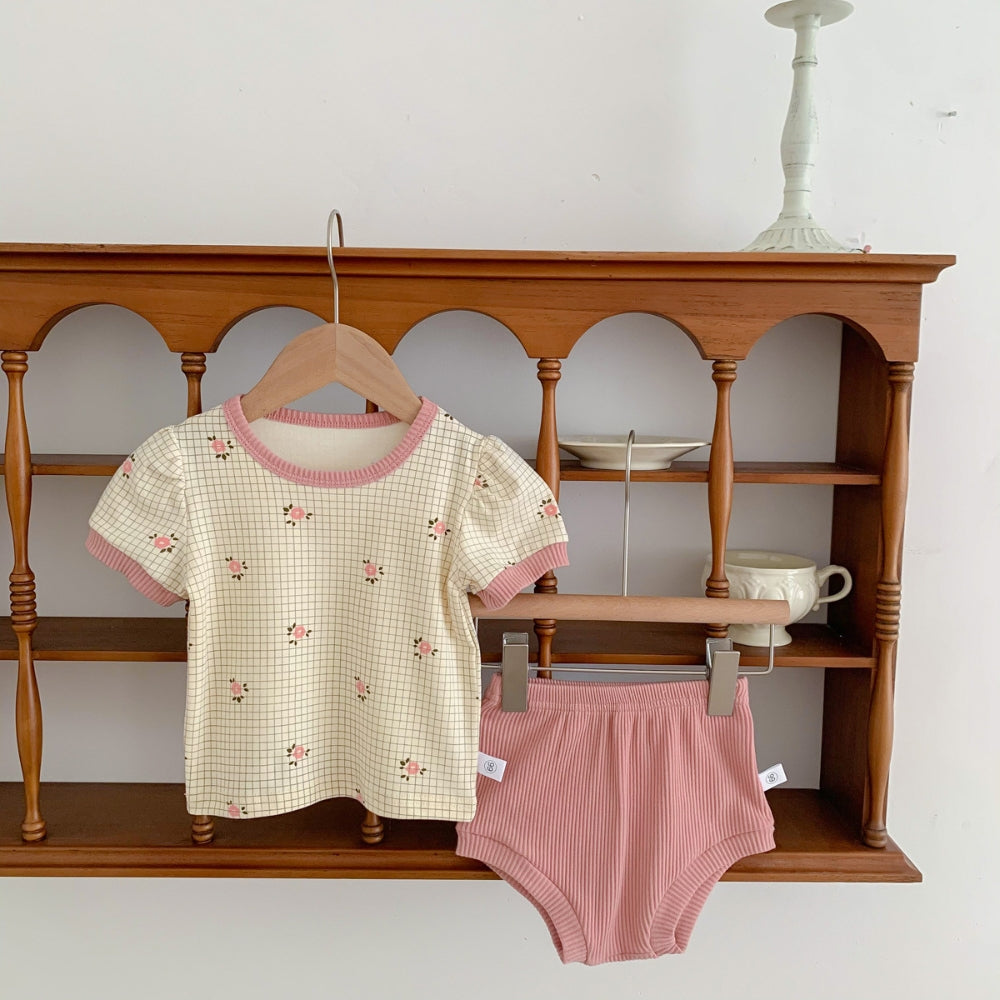 Floral Grid Tee and Ribbed Shorts Play Set - Beekee