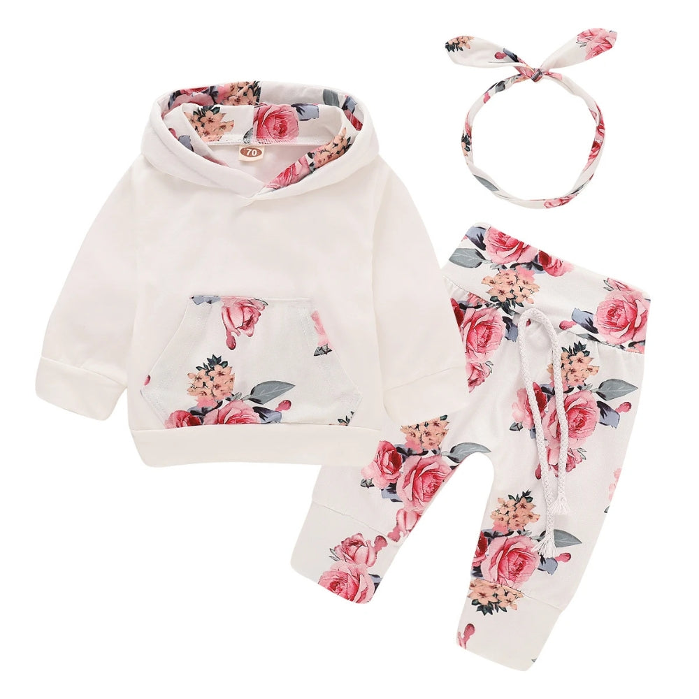Floral Baby Hoodie, Sweatpants and Headband Set - Beekee