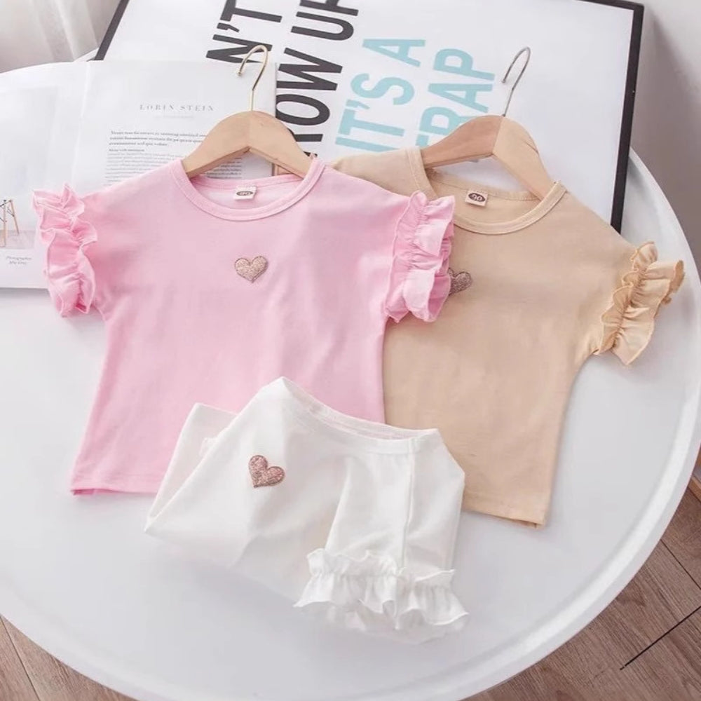 Girls Ruffle Sleeve Heart Patch T-Shirt - Beekee