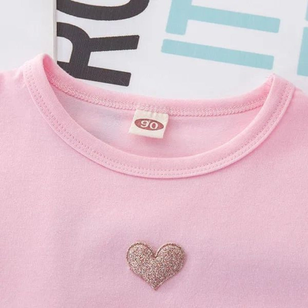 Girls Ruffle Sleeve Heart Patch T-Shirt - Beekee