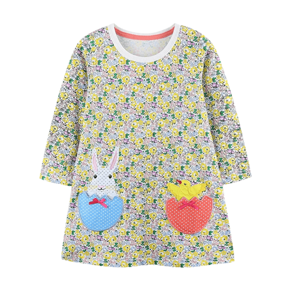 Girls Bunny & Chick Floral Long Sleeve Dress - Beekee