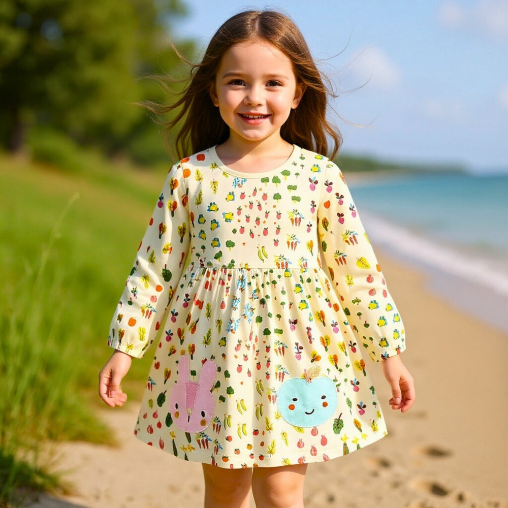 Girls Garden Treasure Long Sleeve Dress With Bunny Love - Beekee