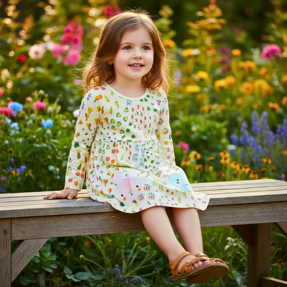 Girls Garden Treasure Long Sleeve Dress With Bunny Love - Beekee