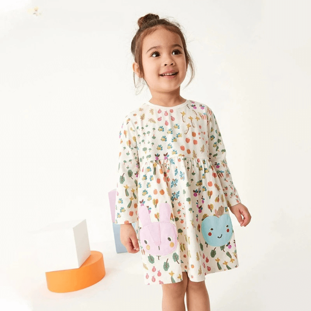 Girls Garden Treasure Long Sleeve Dress With Bunny Love - Beekee