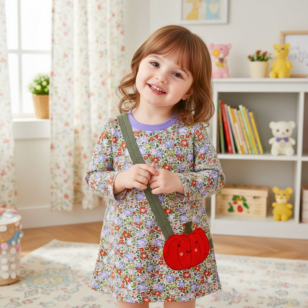 Girls Pumpkin Bag Floral Long Sleeve Dress - Beekee
