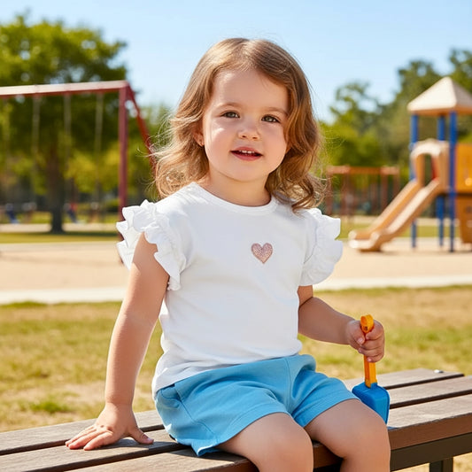 Girls Ruffle Sleeve Heart Patch T-Shirt - Beekee