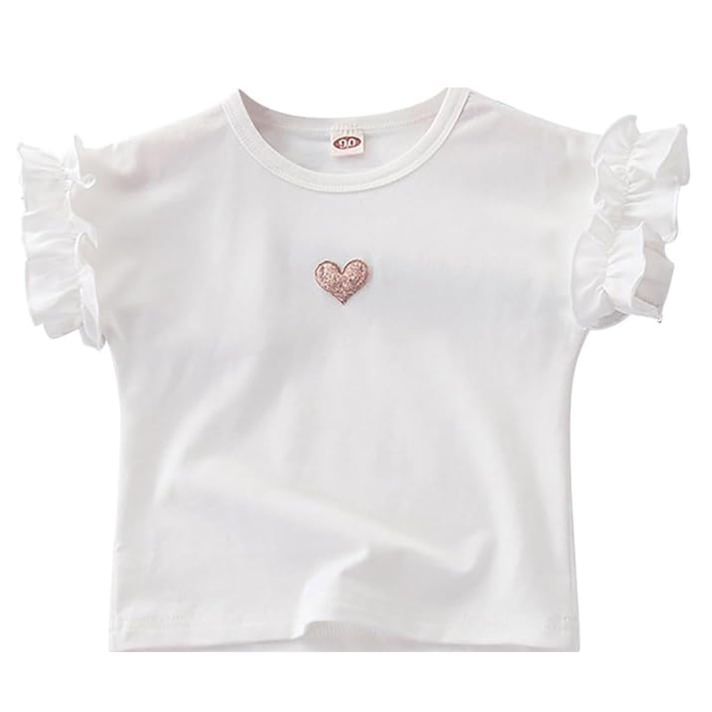 Girls Ruffle Sleeve Heart Patch T-Shirt - Beekee