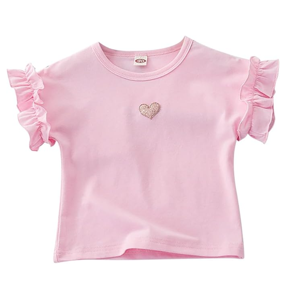 Girls Ruffle Sleeve Heart Patch T-Shirt - Beekee