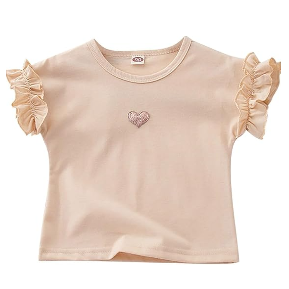 Girls Ruffle Sleeve Heart Patch T-Shirt - Beekee