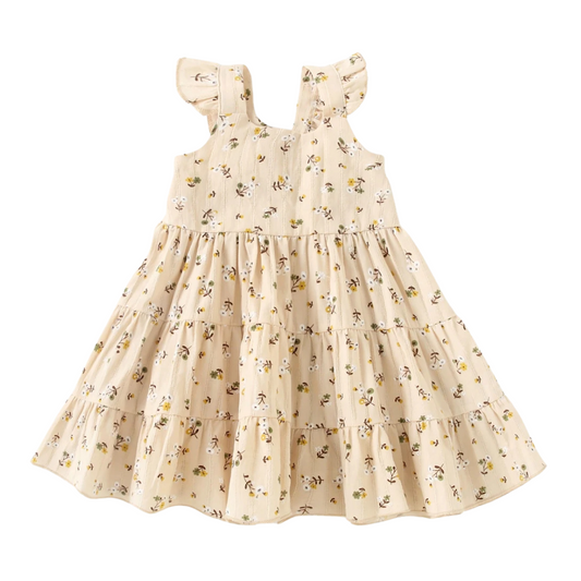Girls Ruffle Strap Tiered Floral Cotton Dress - Beekee