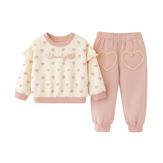 Heart Print Girls Casual Matching Sweat Set - Beekee