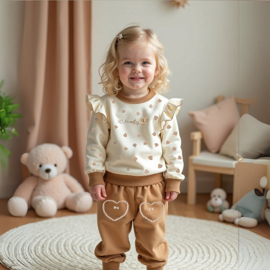 Heart Print Girls Casual Matching Sweat Set - Beekee