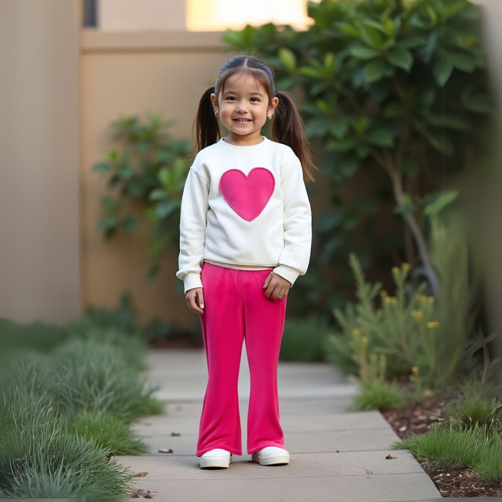 Heart Sweatshirt and Flare Pants Girls Outfit - Beekee
