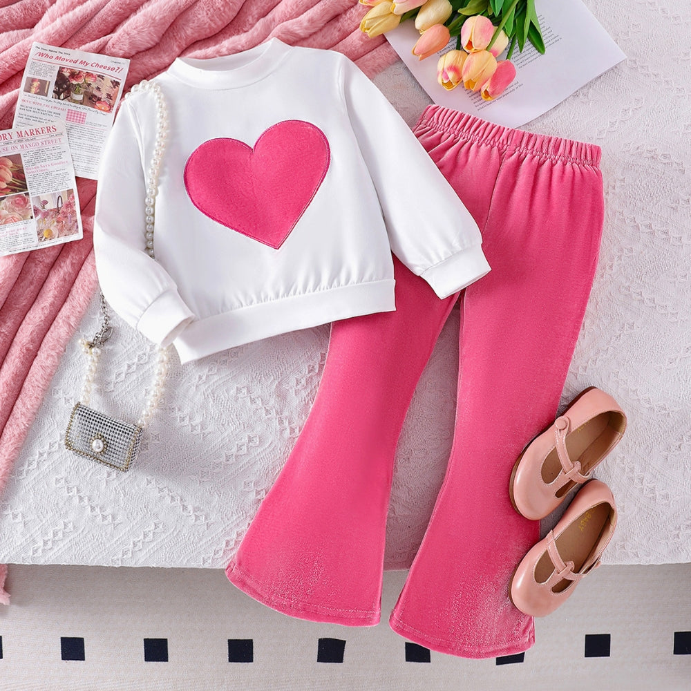Heart Sweatshirt and Flare Pants Girls Outfit - Beekee