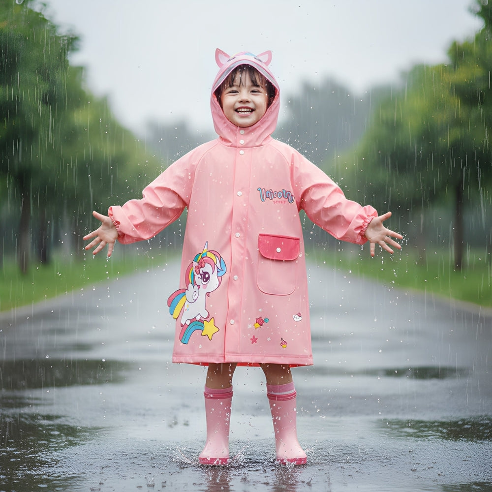 kids raincoat (two prints available) – beo Images... Kids Raincoat | Cartoon Print Raincoat with 3D Hood Ears & Snap ...