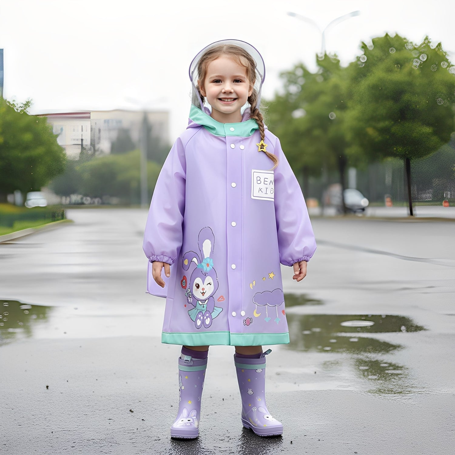 Kids Cartoon Print Hooded Raincoat - Beekee