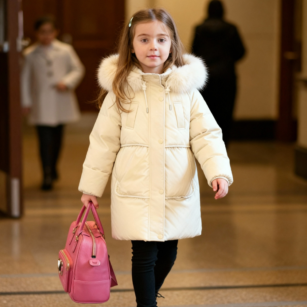 Kids Long Puffer Coat with Faux Fur Hood - Beekee