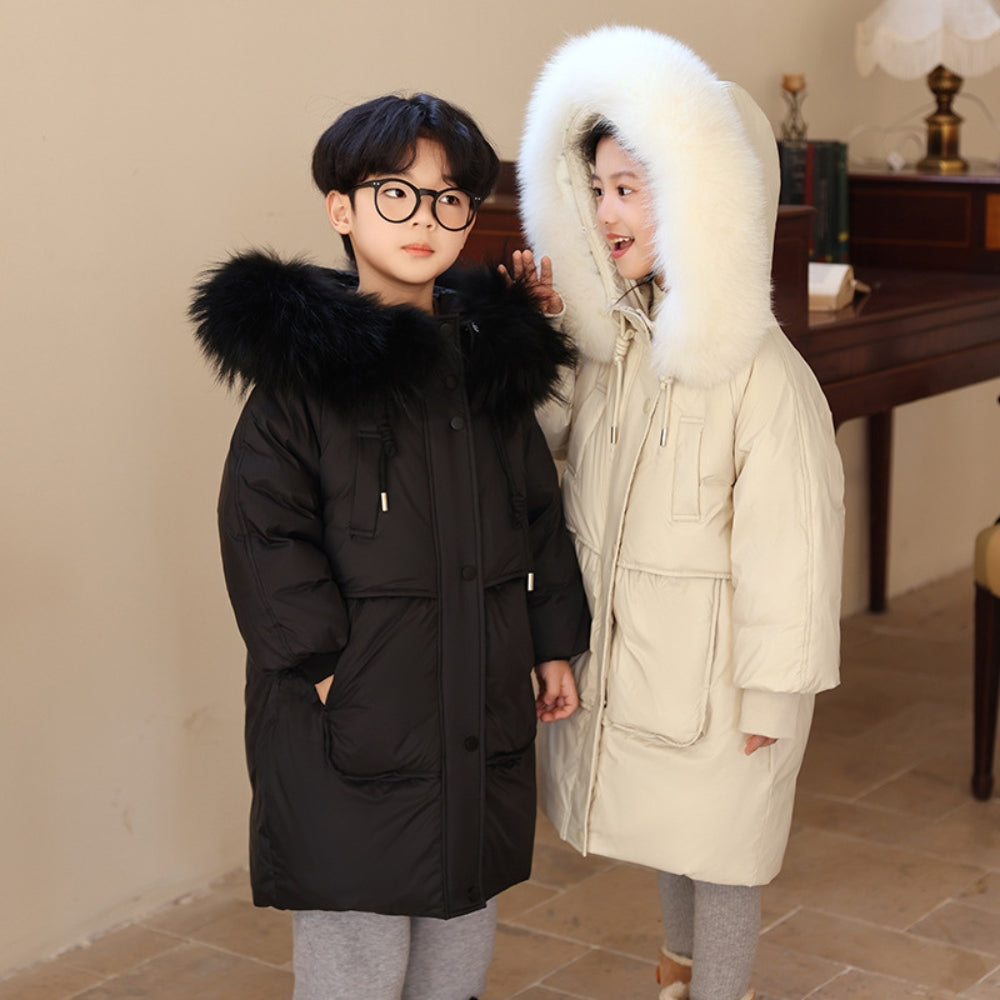 Kids Long Puffer Coat with Faux Fur Hood - Beekee