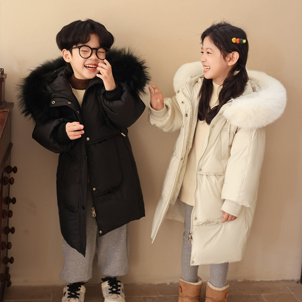 Kids Long Puffer Coat with Faux Fur Hood - Beekee