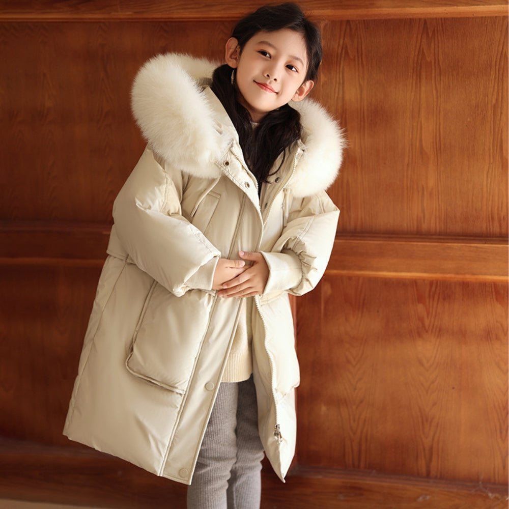 Kids Long Puffer Coat with Faux Fur Hood - Beekee