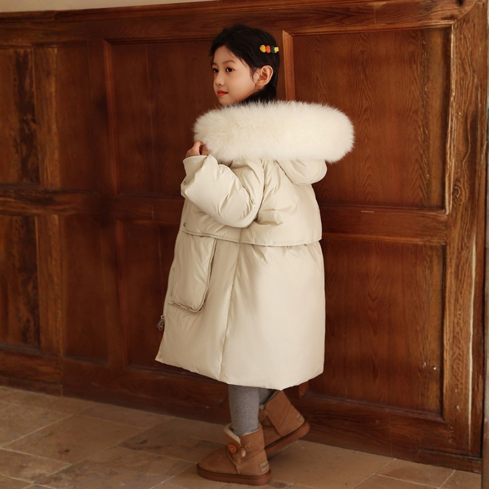 Kids Long Puffer Coat with Faux Fur Hood - Beekee