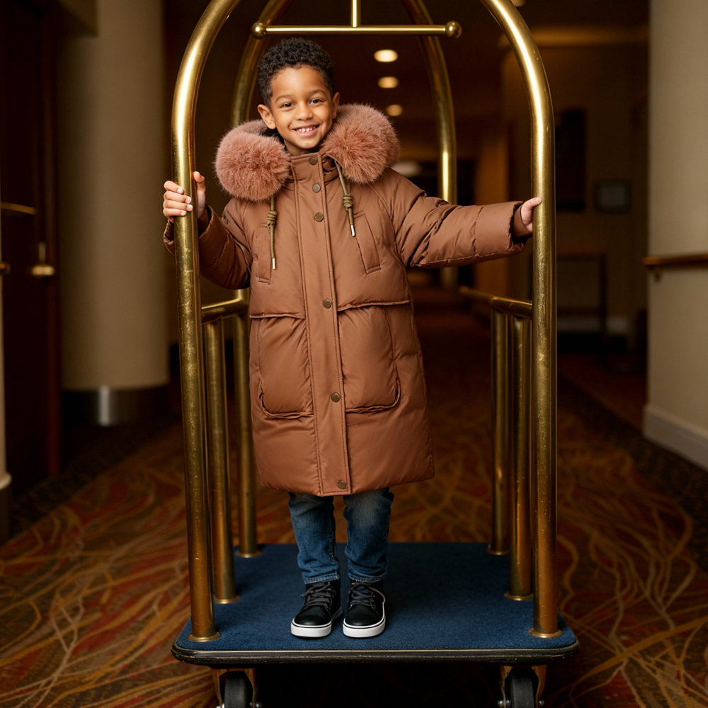 Kids Long Puffer Coat with Faux Fur Hood - Beekee