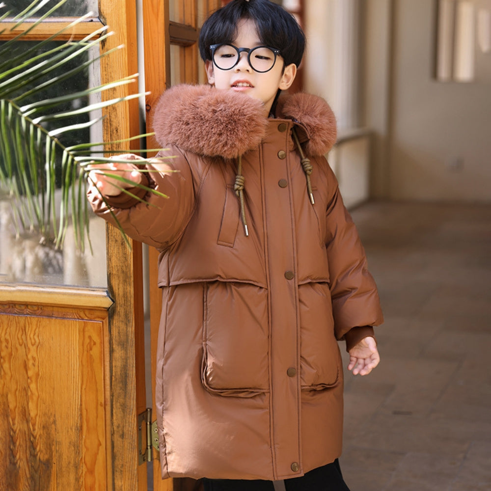 Kids Long Puffer Coat with Faux Fur Hood - Beekee
