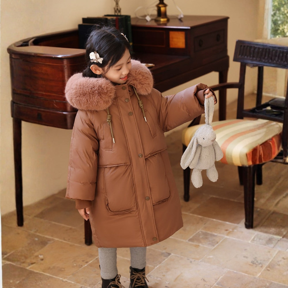Kids Long Puffer Coat with Faux Fur Hood - Beekee