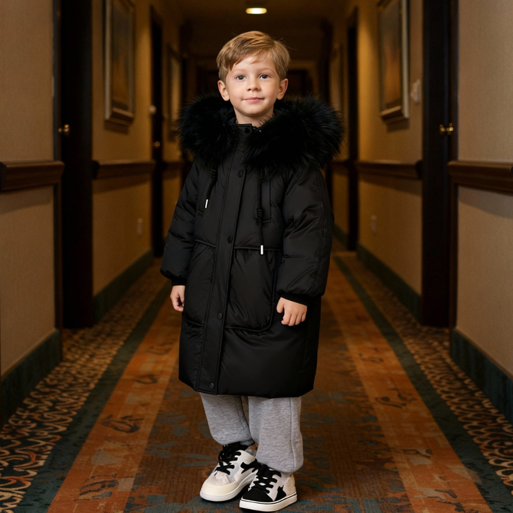 Kids Long Puffer Coat with Faux Fur Hood - Beekee