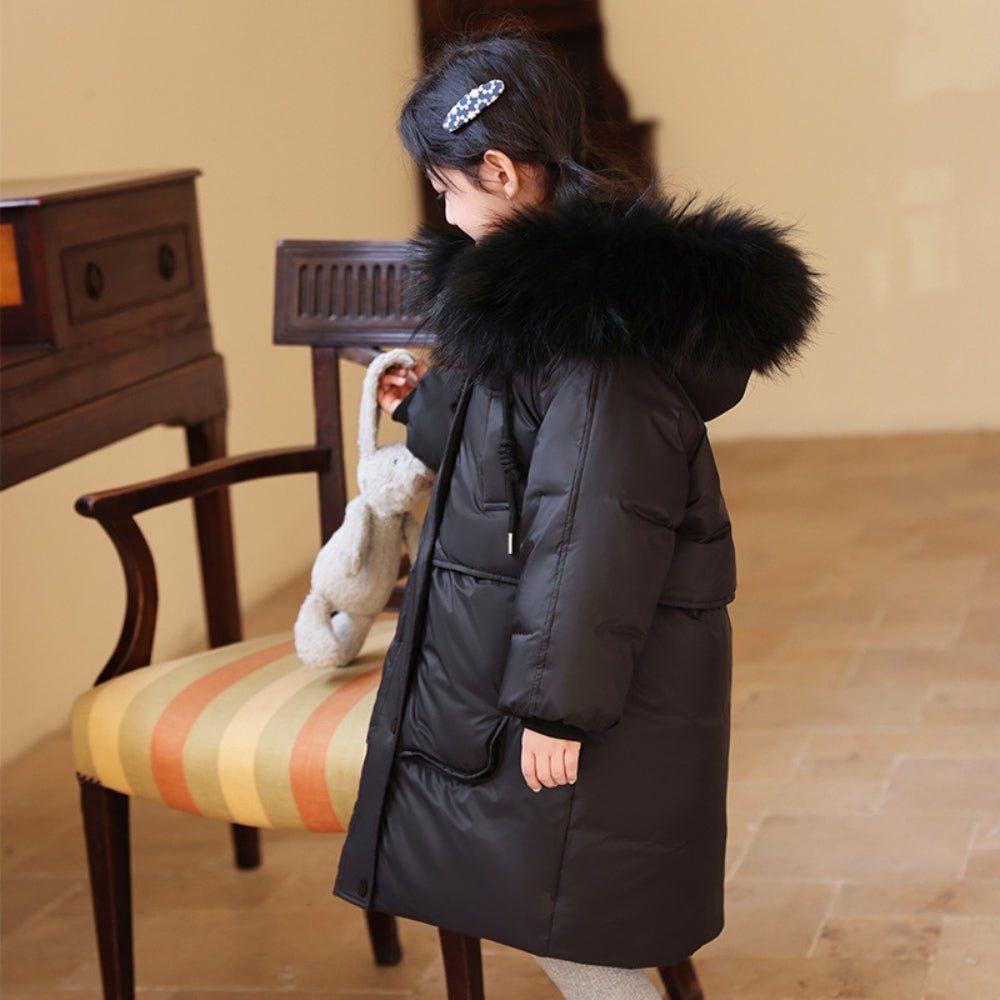 Kids Long Puffer Coat with Faux Fur Hood - Beekee
