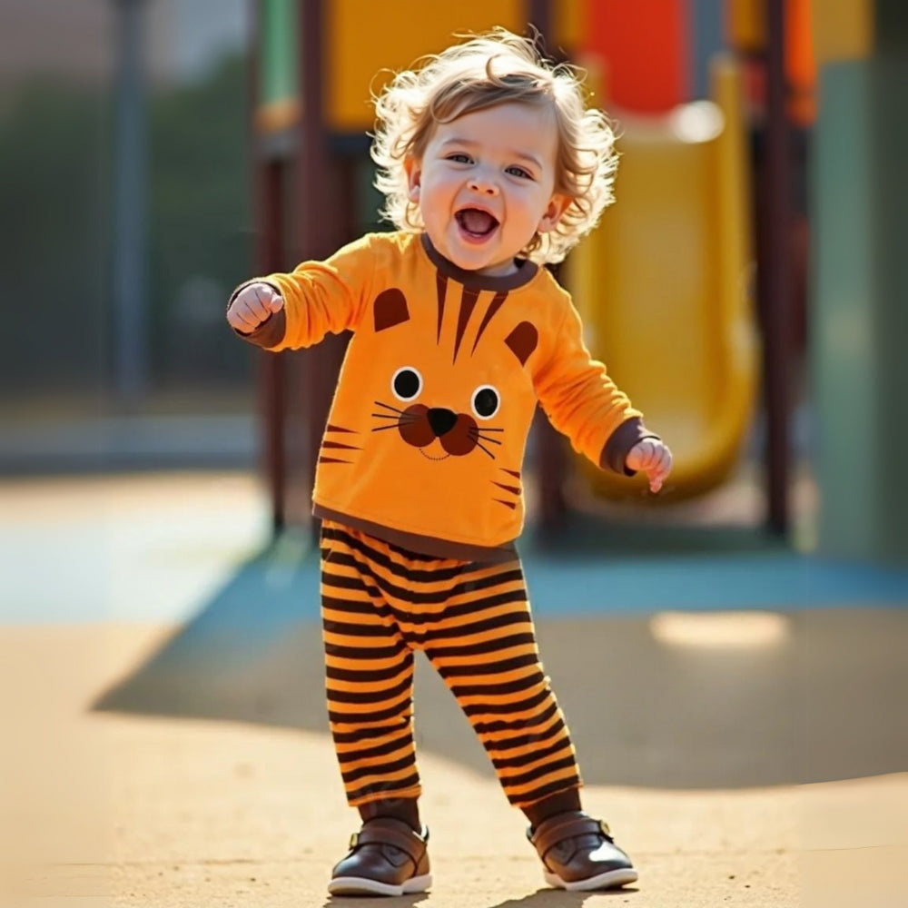 Lion Face Striped Matching Sweat Set - Beekee