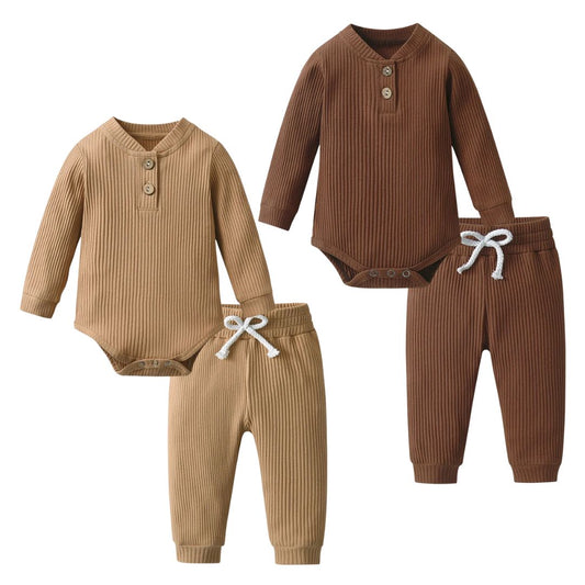 Spring & Autumn Toddler Baby 2-Piece Clothing Set – Solid Knitted Long Sleeve V-Neck Bodysuit and Pants for Newborn Boys