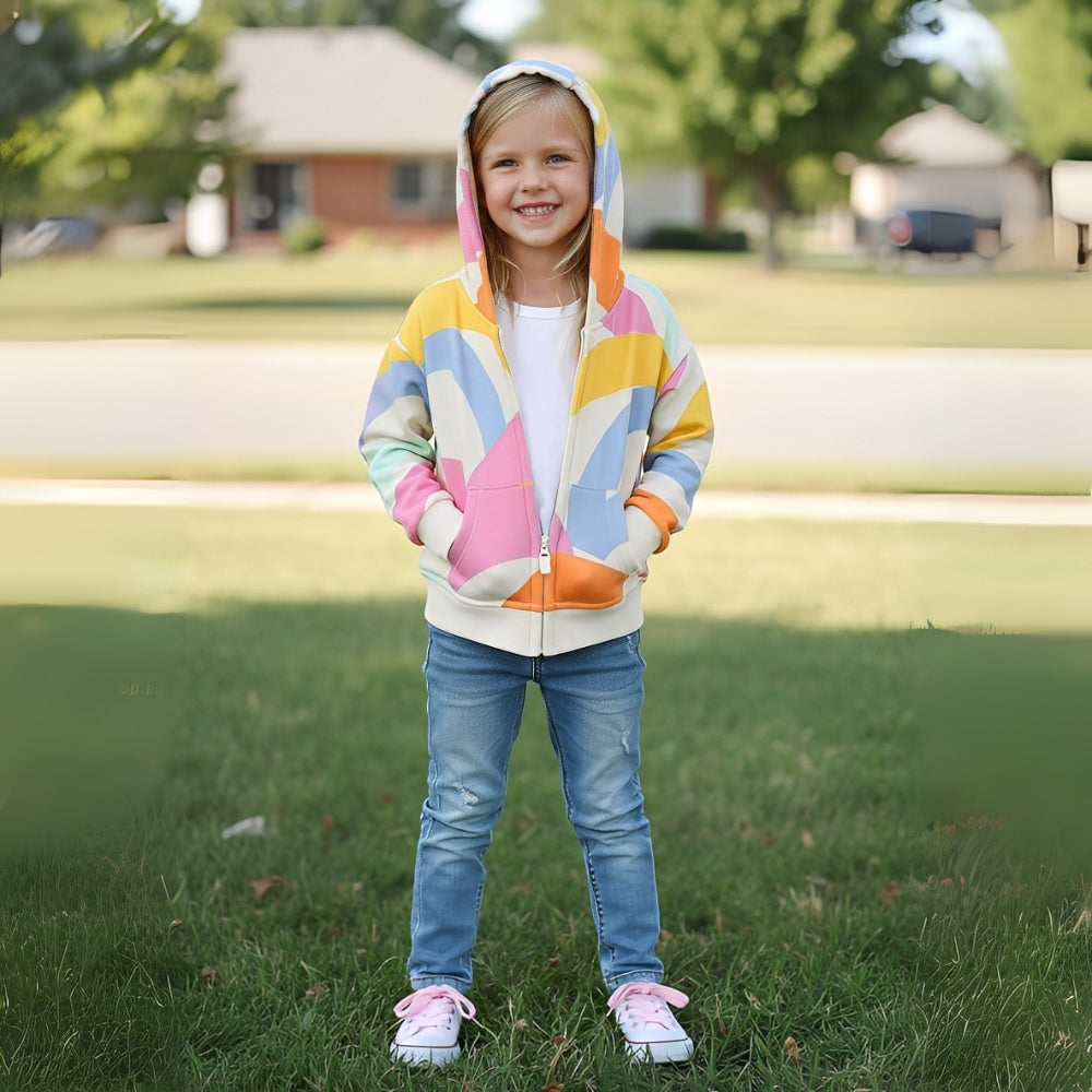 Playful Wave Print Zip-Up Hoodie - Beekee