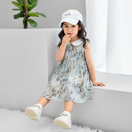 Pretty Watercolor Leaf Dress with Collar - Beekee
