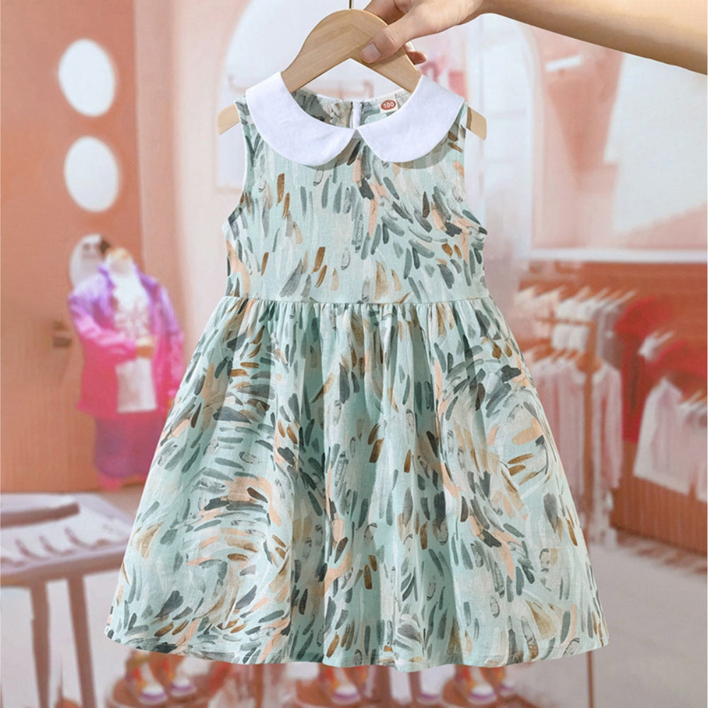 Pretty Watercolor Leaf Dress with Collar - Beekee