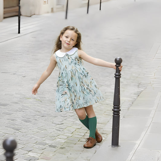 Pretty Watercolor Leaf Dress with Collar - Beekee