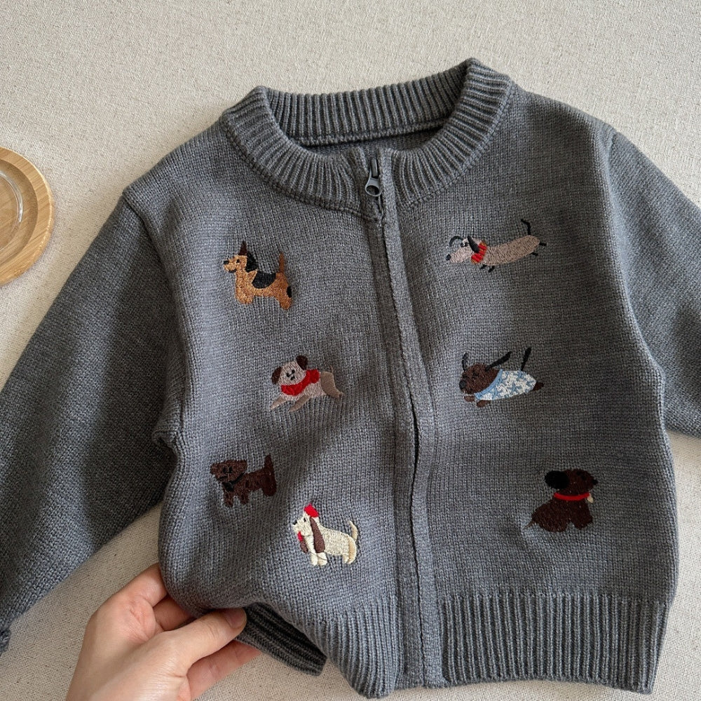 Puppy Embroidered Knit Cardigan - Beekee