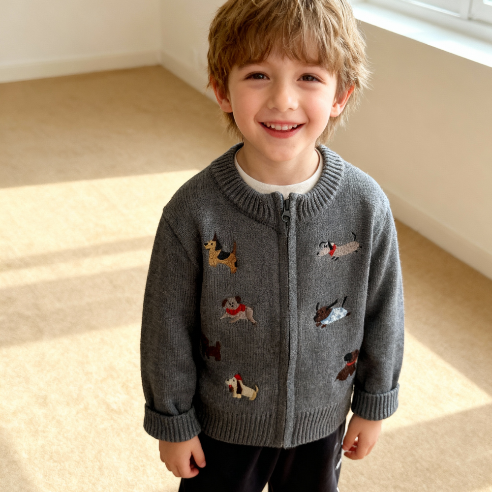 Puppy Embroidered Knit Cardigan - Beekee