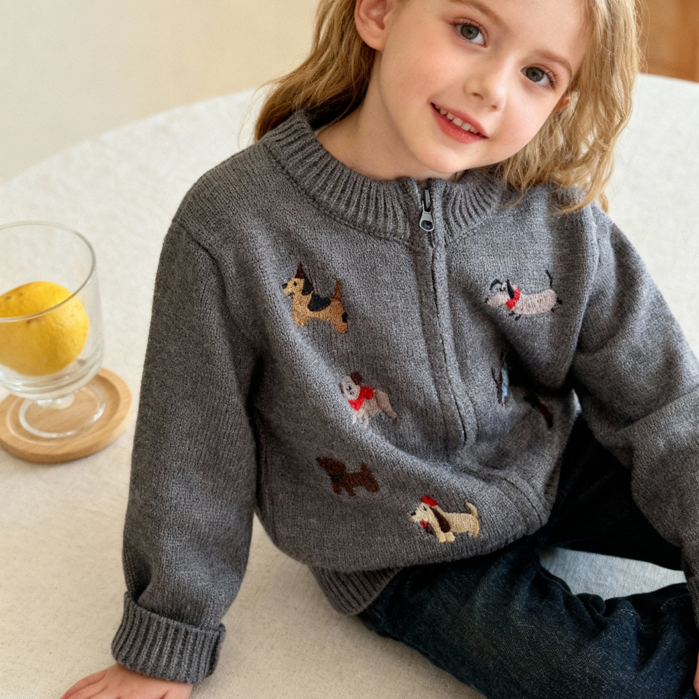 Puppy Embroidered Knit Cardigan - Beekee