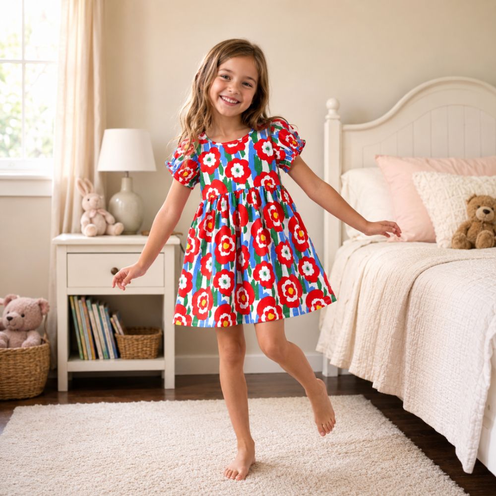 Pretty Puff Sleeve Girls Dress
