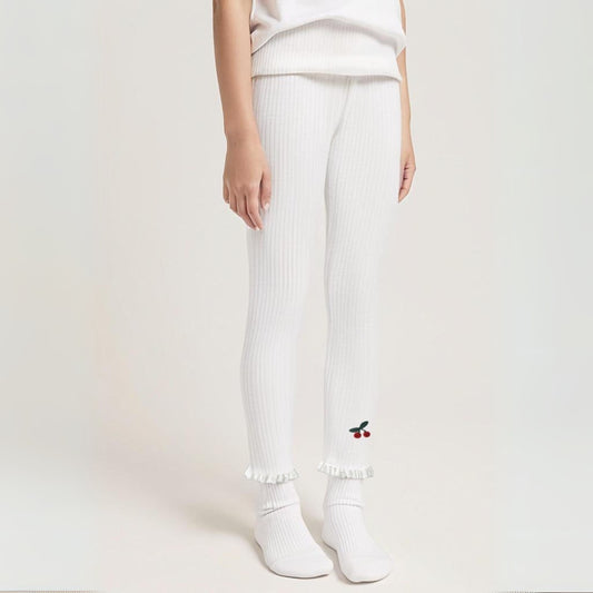 Ribbed Cherry Lace Trim Leggings - Beekee