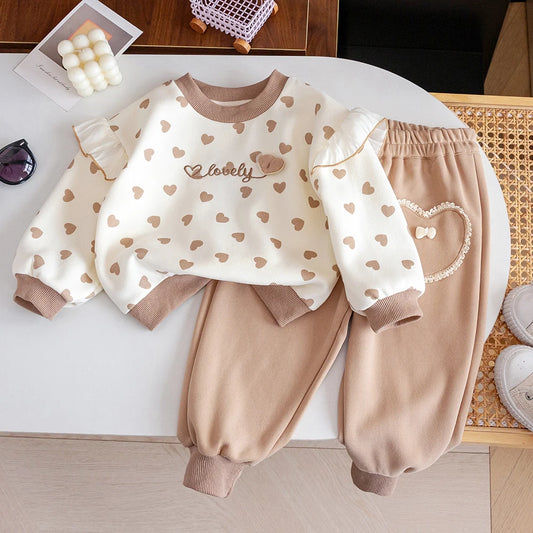 Cute Heart Print Kids Sweatshirts Suit