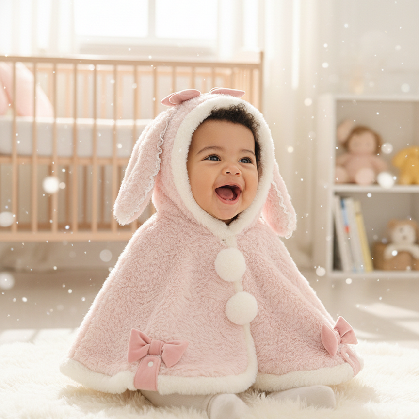 Soft Pink Bunny Ear Hooded Baby Cape - Beekee